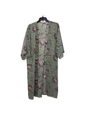 WALLFLOWER Womens L Floral Green Kimono Cardigan Open Front Lightweight Layering